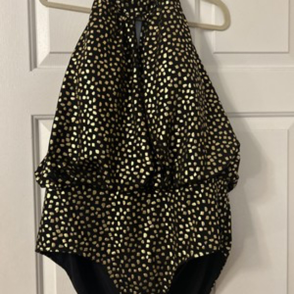 Black Gold Blouson One Piece Halter Swimsuit Plus Size 24 - Picture 1 of 6